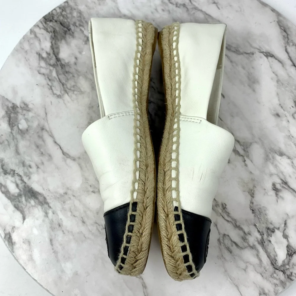 Tory Burch Color-Block Black/Cream Leather Espadrilles 6 Euro Summer Classic